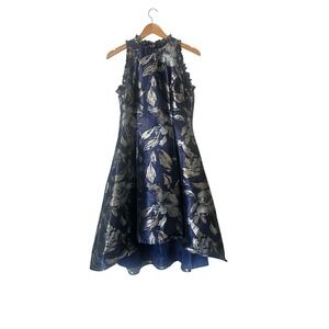 Adrianna Papell Blue Metallic Floral Jacquard Fit & Flare Cocktail Dress Size 8